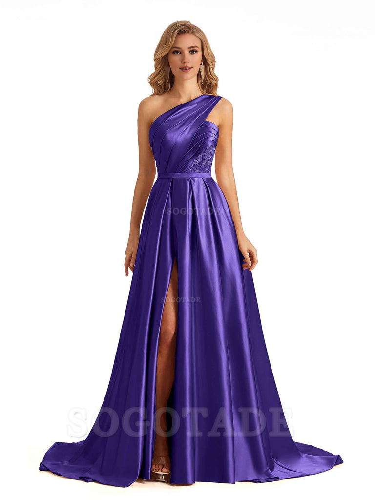 Sexy Side Slit One Shoulder A-Line Soft Satin Long Bridesmaid Dresses Online prom dress in store
