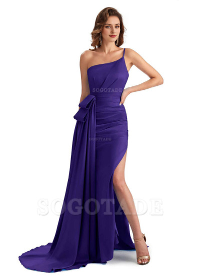 Sexy Side Slit Mermaid Silky Satin One Shoulder Modern Maxi Bridesmaid Dresses