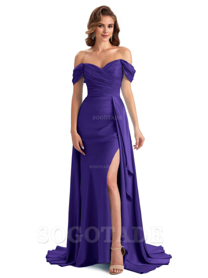 Sexy Side Slit Mermaid Soft Satin Off The Shoulder Long Unique Bridesmaid Dresses prom dress in store