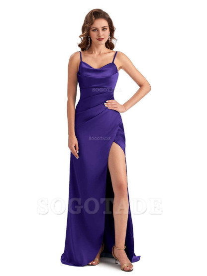 Soft Satin Side Slit Spaghetti Straps Sexy Wedding Bridesmaid Dresses