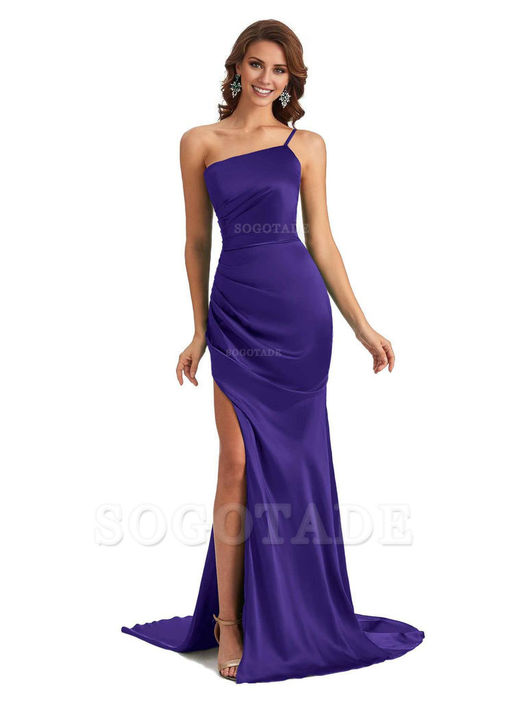 Sexy Silky Satin Side Slit One Shoulder Unique Long Wedding Guest Maxi Dresses