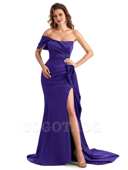 Sexy Side Slit Mermaid Silky Satin One Shoulder Chic Long Maid Of Honor Dresses