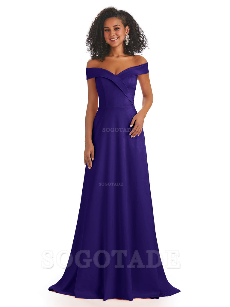 Soft Satin Off The Shoulder Long A-Line African Bridesmaid Dresses prom dress stores ﻿