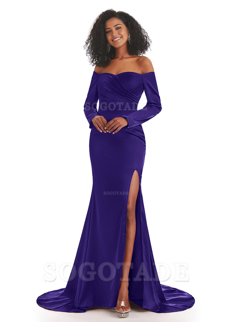 Mermaid Long Sleeve Satin formal dresses evening gown Bridesmaid Dresses With Side Slit 