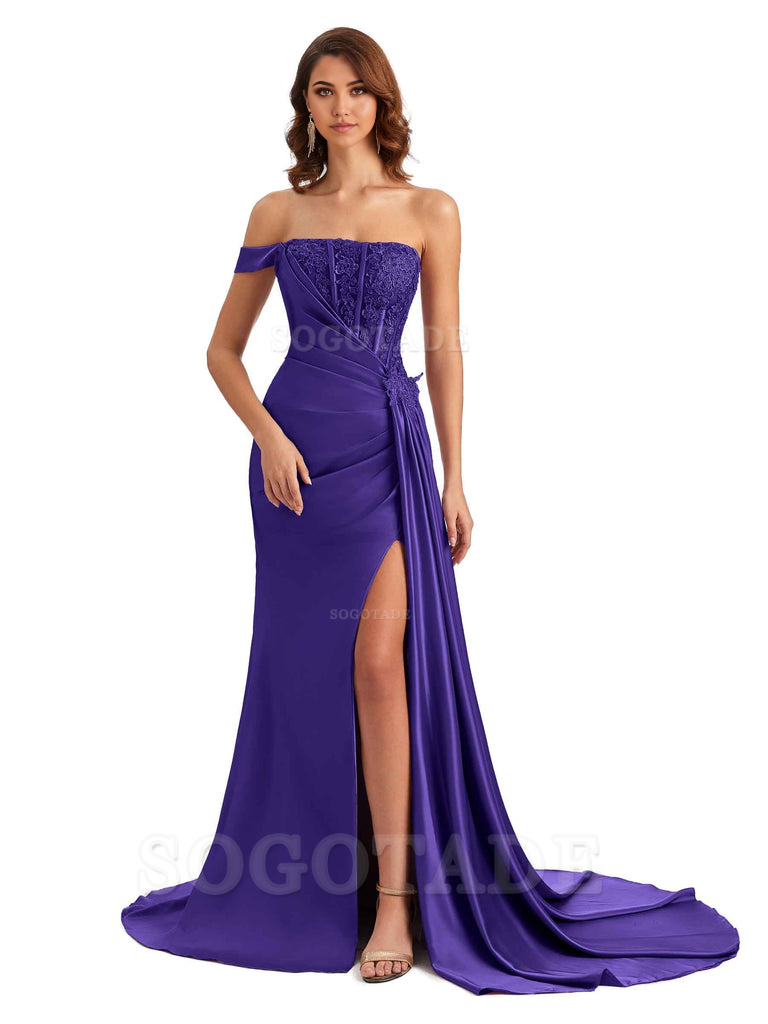 Mermaid Off Shoulder Applique formal dresses evening gown Bridesmaid Dresses With Side Slit 