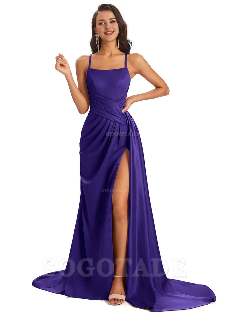 Sexy Soft Satin Side Slit Spaghetti Straps Long Maxi Bridesmaid Dresses prom shop dresses