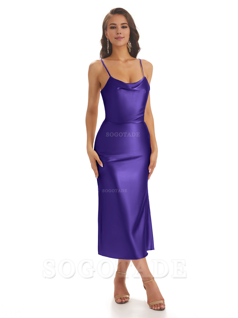 Sexy Soft Satin Spaghetti Strap Tea-Length Midi Short Bridesmaid Dresses prom shop dresses