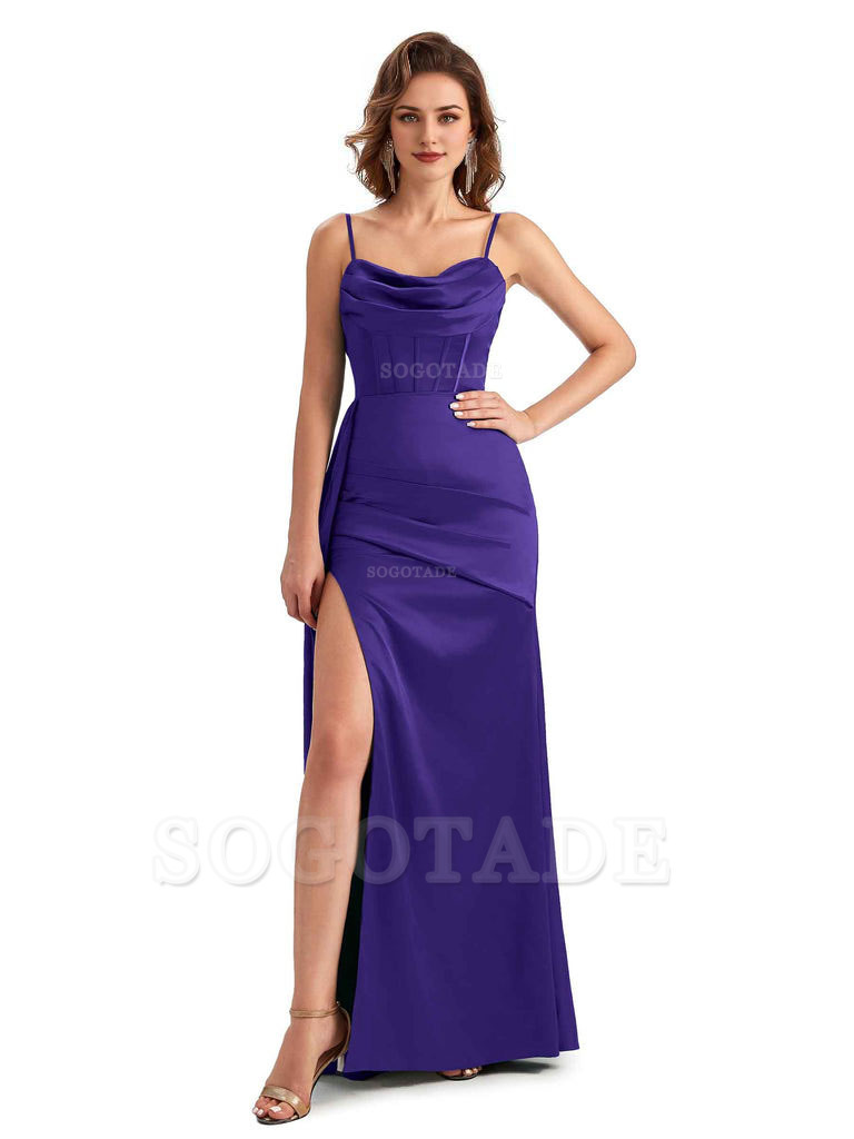 Sexy Side Slit Mermaid Silky Satin Spaghetti Straps Unique Wedding Guest Dresses