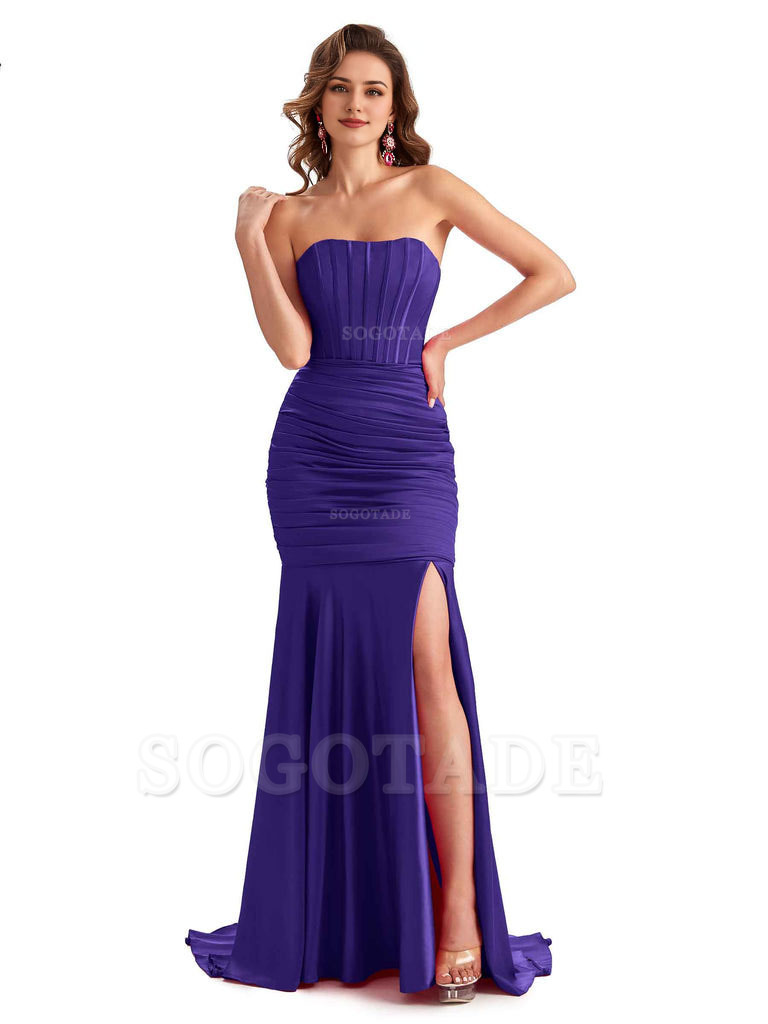 Sexy Strapless Side Slit Mermaid Silky Satin Formal Bridesmaid Dresses