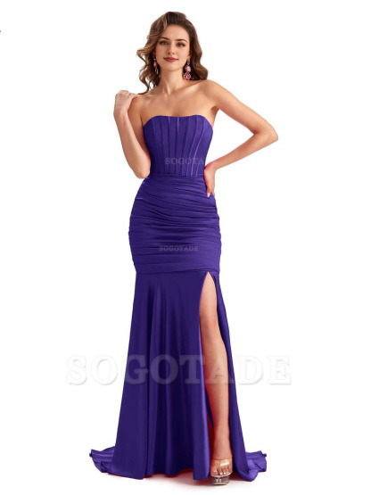 Sexy Strapless Side Slit Mermaid Silky Satin Formal Bridesmaid Dresses
