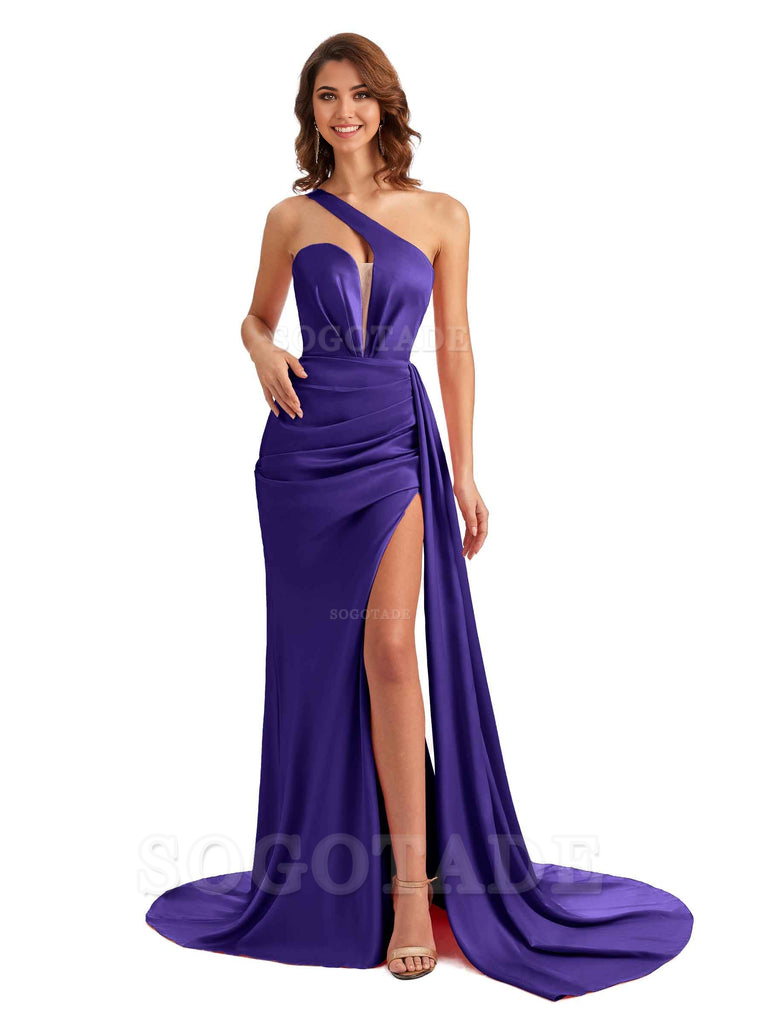 Mermaid One Shoulder Satin formal dresses evening gown Bridesmaid Dresses With Side Slit