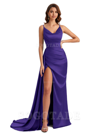 Mermaid Cowl Spaghetti Satin formal dresses evening gown Bridesmaid Dresses With Side Slit