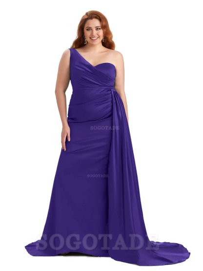 Sexy One Shoulder Sleeveless Mermaid Soft Satin Long Plus Size With Train Bridesmaid Gowns
