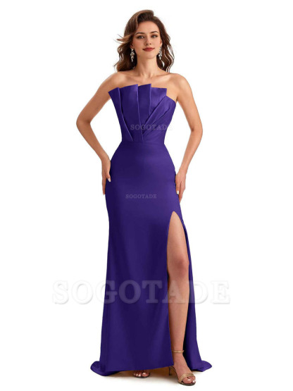 Unique Soft Satin Side Slit Asymmetrical Neckline Mermaid Long Bridesmaid Dresses