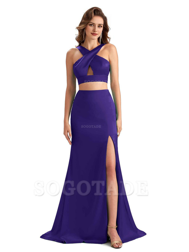 Sexy Side Slit Mermaid Silky Satin Halter Two Pieces Unique Long Bridesmaid Dresses