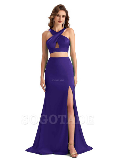 Sexy Side Slit Mermaid Silky Satin Halter Two Pieces Unique Long Bridesmaid Dresses
