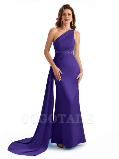 Sexy Mermaid Silky Satin One Shoulder Lace See Through Long Bridesmaid Dresses Online