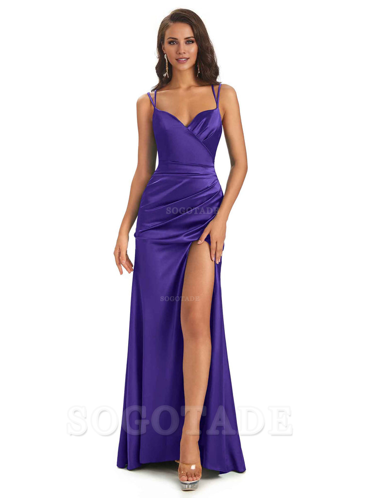 Sexy Soft Satin Side Slit Spaghetti Straps Long Maxi Mermaid Bridesmaid Dresses Elegant Evening Party Dress