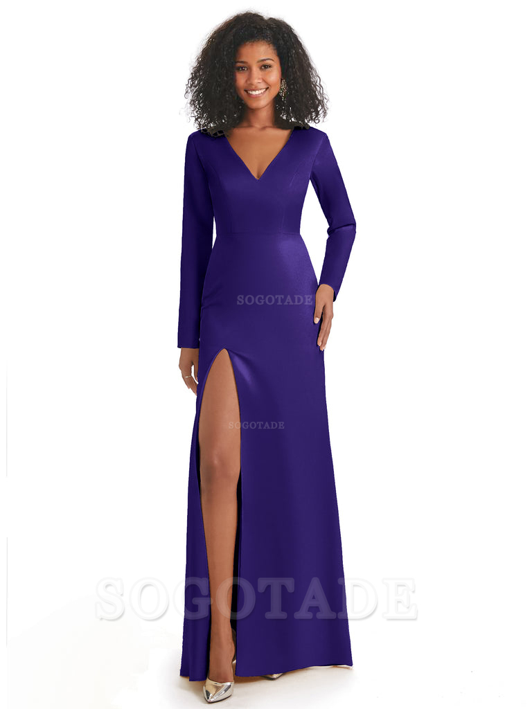 Soft Satin Side Slit Long Sleeves V-Neck Long African Mermaid Bridesmaid Dresses Elegant Evening Party Dress