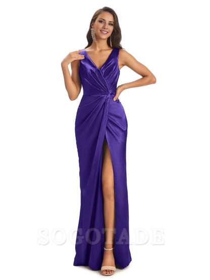 V-Neck Unique Long Satin Bridesmaid Dresses with Front Slit