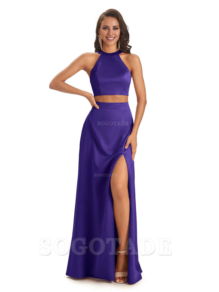 Soft Satin Two-Pieces Halter Side Slit Sexy Fashion Bridesmaid Dresses Charming Evening Party Dress