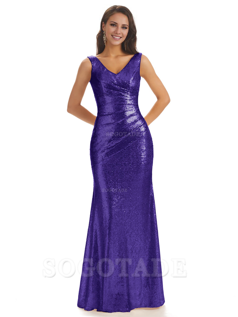 Sexy Sequin V-Neck Sparkly Long Mermaid Bridesmaid Dresses Charming Evening Party Dress