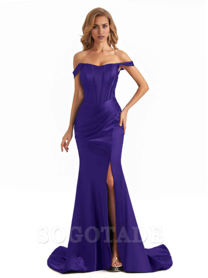 Sexy Long Mermaid Bridesmaid Dresses Off The Shoulder with Side Slit Satin Elegant Evening Party Dress 