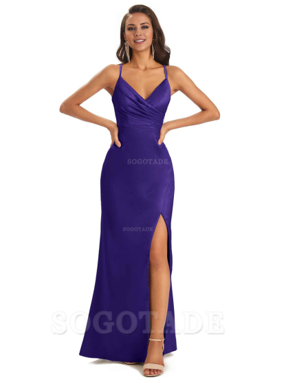 Soft Satin Side Slit Spaghetti Straps Long Unique Mermaid Bridesmaid Dresses Elegant Evening Party Dress