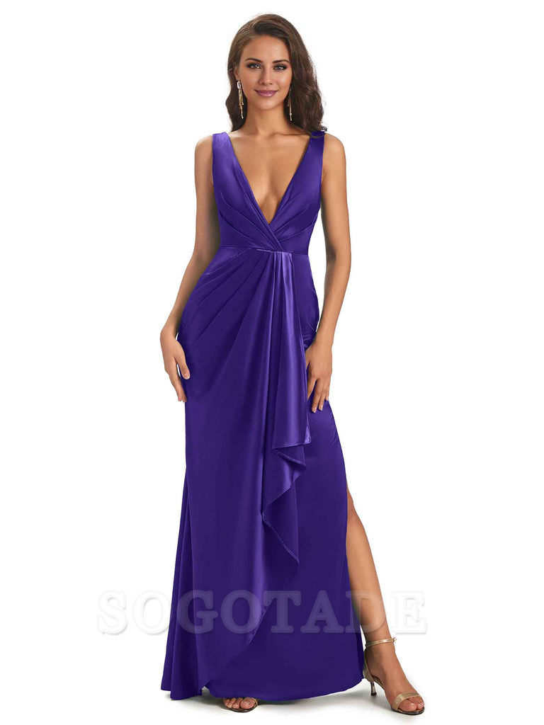 Sexy Satin V-Neck Floor-Length Long Bridesmaid Dresses with Side Slit Elegant Evening Party Dress