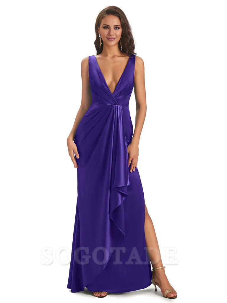 Sexy Satin V-Neck Floor-Length Long Bridesmaid Dresses with Side Slit Elegant Evening Party Dress