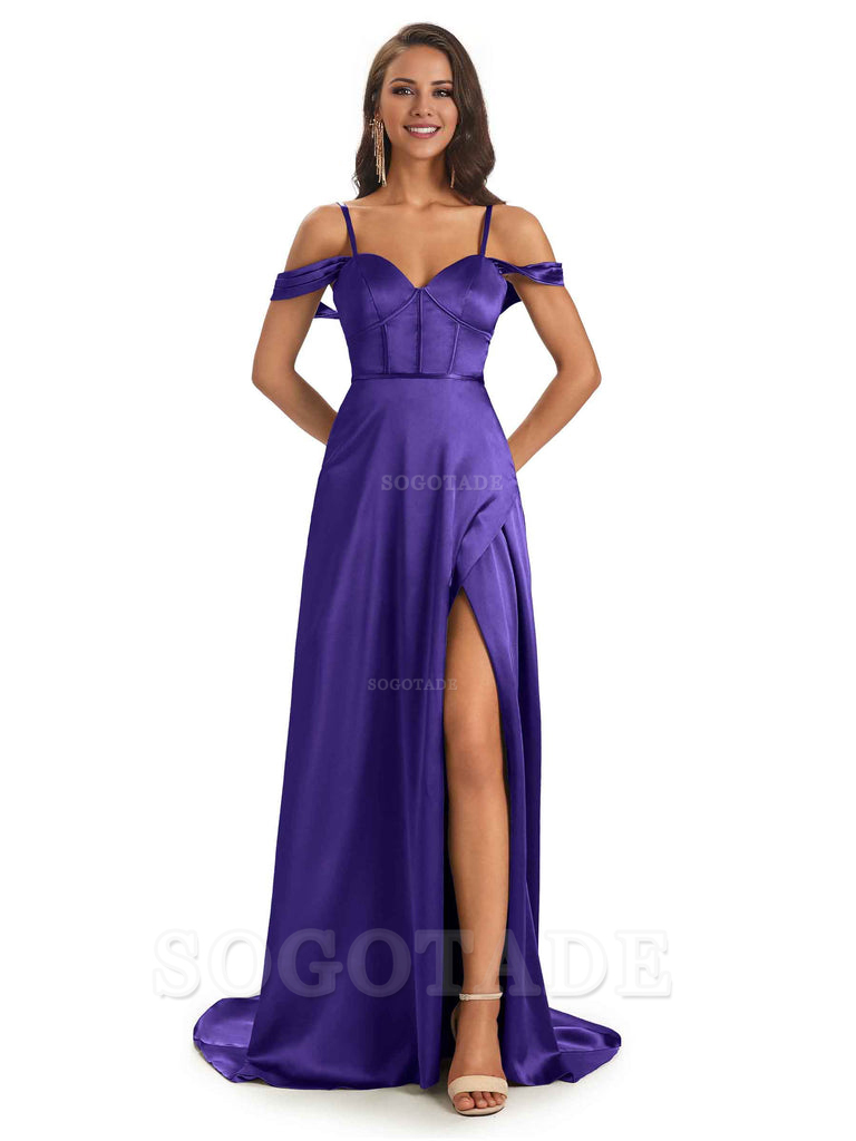 Stylish Soft Satin Side Slit Spaghetti Straps Bridesmaid Dresses Elegant Evening Party Dress