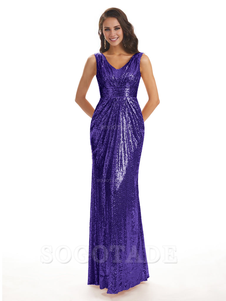 Sparkly V-Neck Sequin Long Mermaid Bridesmaid Dresses Sleeveless Charming Evening Party Dress