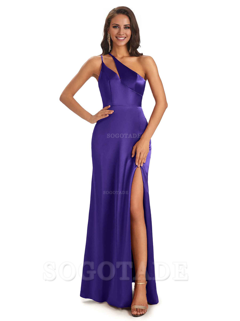 Sexy Soft Satin Side Slit One Shoulder Floor-Length Mermaid Long Bridesmaid Dresses Elegant Evening Party Dress