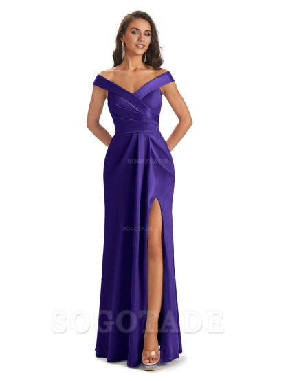 Sexy Soft Side Slit Off Shoulder V-Neck Long Satin Ladies Bridesmaid Dresses Elegant Evening Party Dress