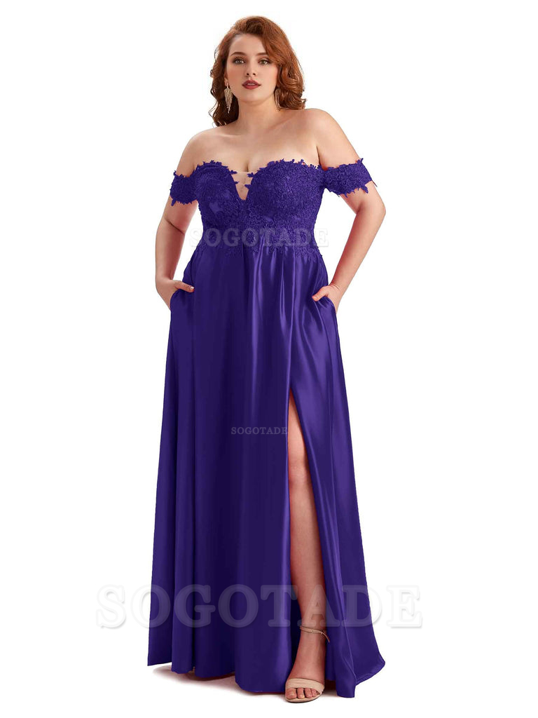 Off Shoulder Side Slit Lace Soft Satin Long Plus Size Bridesmaid Dresses For Wedding