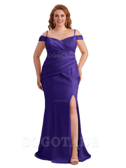 Elegant Cold Shoulder Side Slit Mermaid Soft Satin Long Plus Size Bridesmaid Gowns