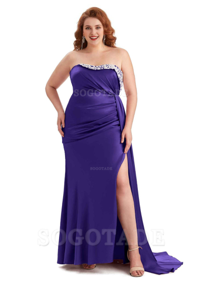 Sexy Side Slit Strapless Mermaid Lace Soft Satin Long Plus Size Maid of Honor Dresses