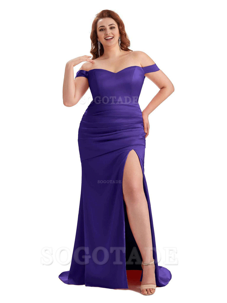 Sexy Mermaid Off The Shoulder Side Slit Soft Satin Long Plus Size Wedding Party Dresses