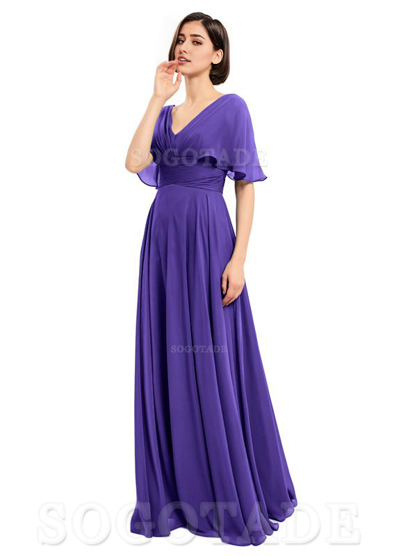  V-Neck Cap Sleeves Sleeves Chiffon Long Elegant Bridesmaid Dresses Formal Wear Dresses