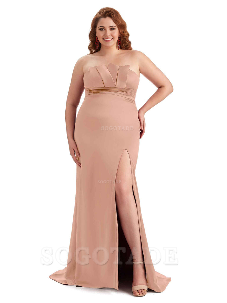 Sexy Side Slit Sleeveless Mermaid Soft Satin Long Plus Size Wedding Party Dresses For Wedding