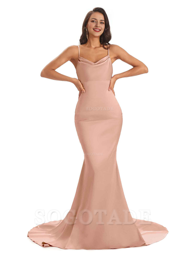 Sexy Backles Soft Satin Spaghetti Straps Maxi Mermaid Bridesmaid Dresses Online prom shop dresses