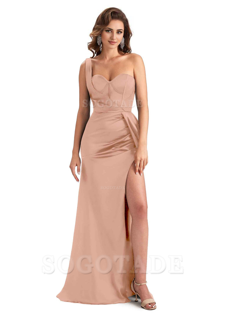 Sexy Mermaid Silky Satin Side Slit One Shoulder Unique Long Wedding Guest Dresses