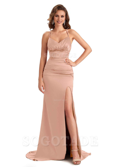 Sexy Mermaid Silky Satin Side Slit One Shoulder Unique Long Wedding Guest Dresses