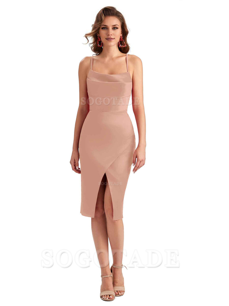 Elegant Spaghetti Straps Mermaid Soft Satin Knee Length Short Bridesmaid Dresses
