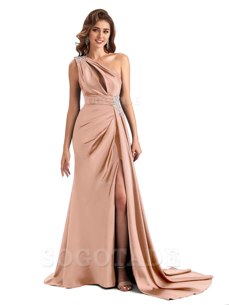 Sexy Side Slit Mermaid Soft Satin One Shoulder Lace Long Modern Bridesmaid Dresses