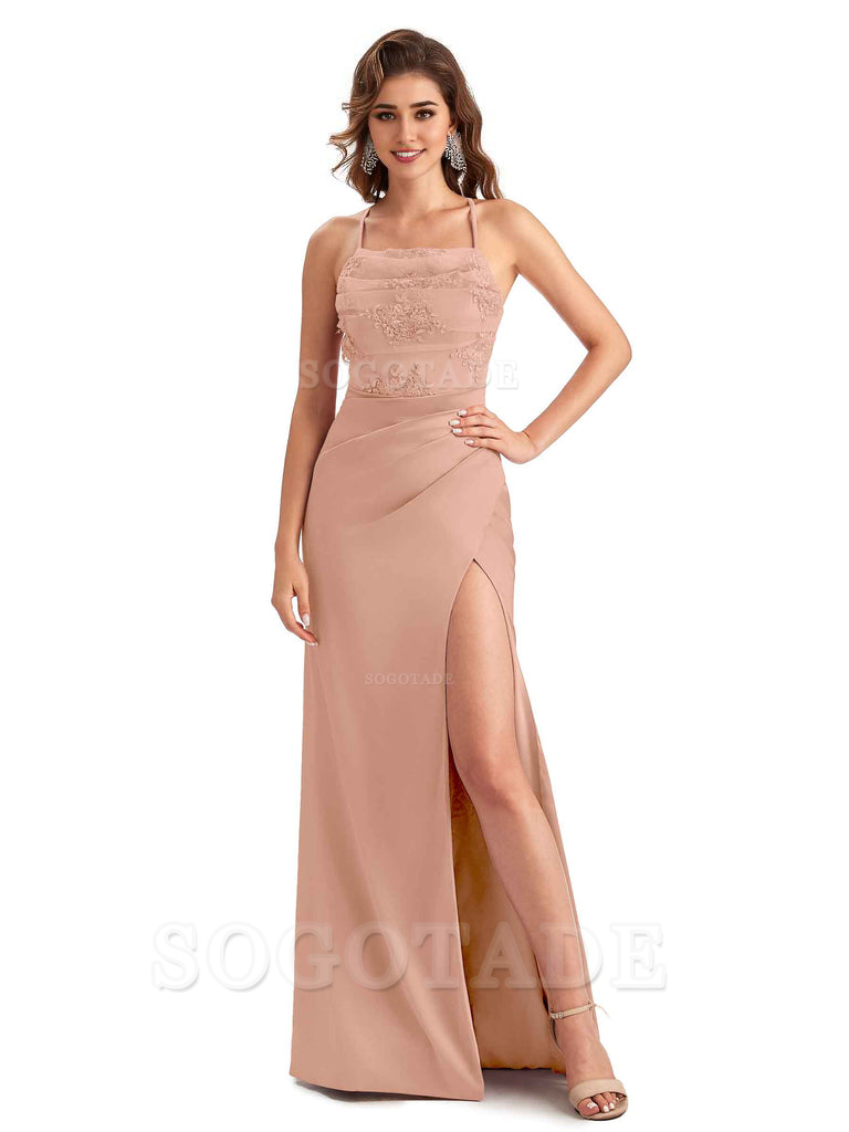 Sexy Side Slit Mermaid Lace Silky Satin Long Wedding Day Guest Dresses