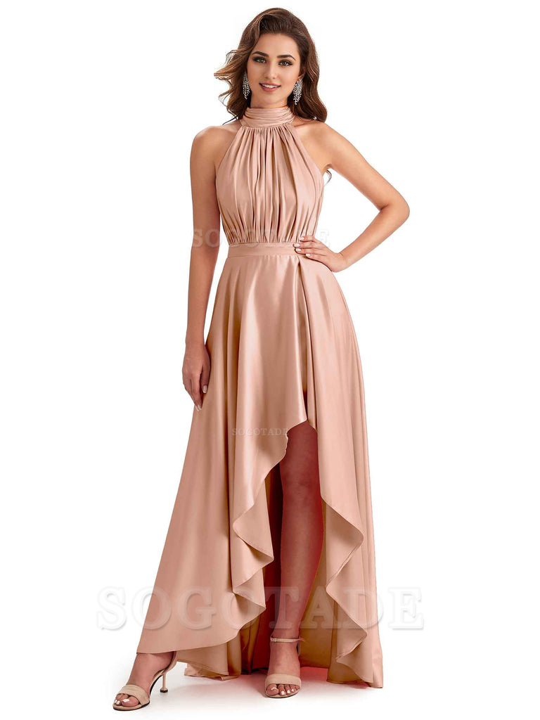 Soft Satin High Neck High Low A-Line Unique Bridesmaid Dresses Online