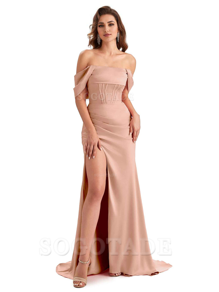 Sexy Side Slit Mermaid Soft Satin Off The Shoulder Unique Long Wedding Attendee Dresses
