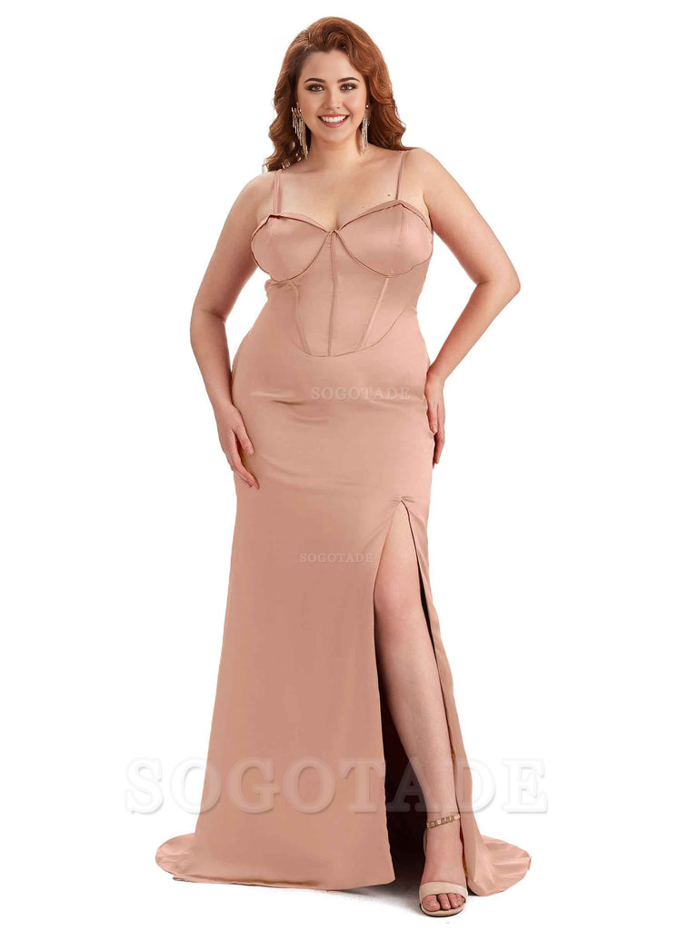 Sexy Spaghetti Straps Side Slit Sleeveless Mermaid Soft Satin Long Bridesmaid Dress Plus Size Dress To Wear to a Wedding