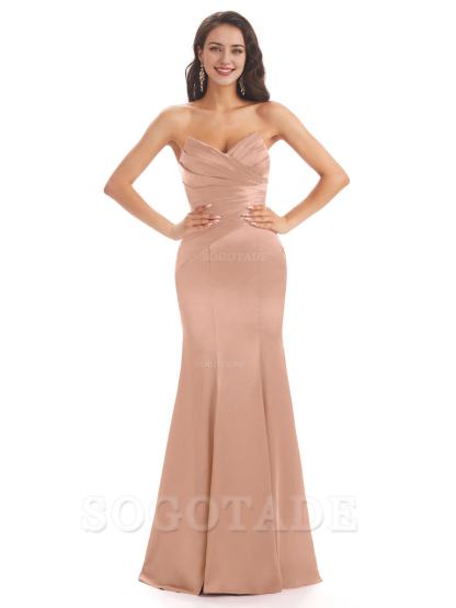 Simple Strapless Sweetheart Soft Satin Mermaid Long Bridesmaid Dresses prom shop dresses